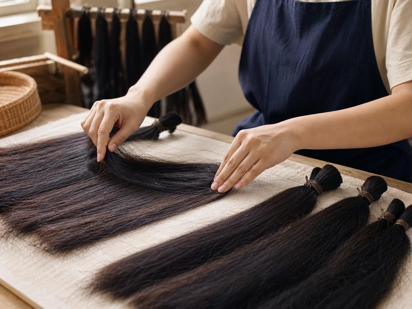 Hair artisans sorting strands by hand